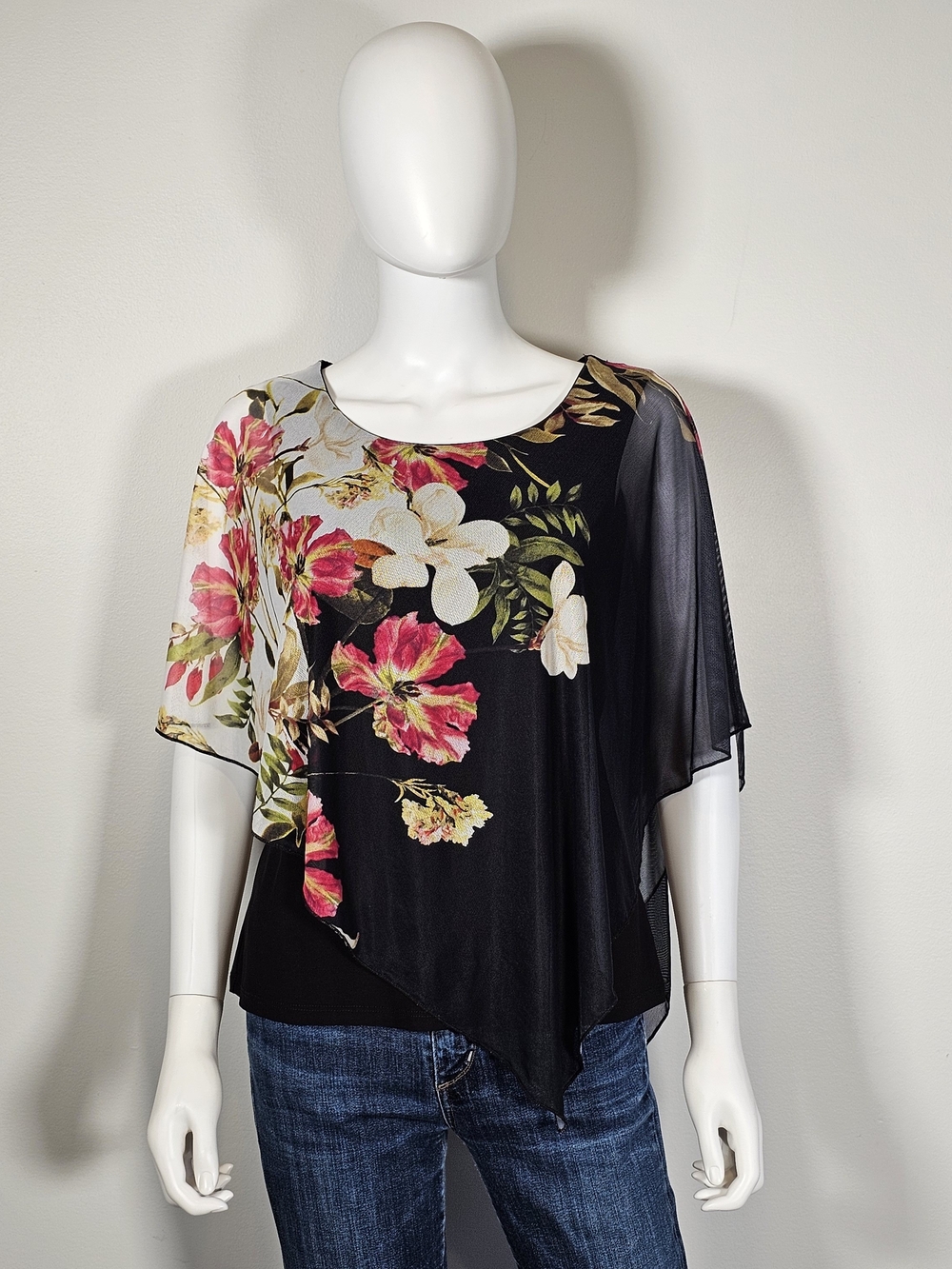Laura Mesh Overlay Black Floral Asymmetric Layered Top Sz M